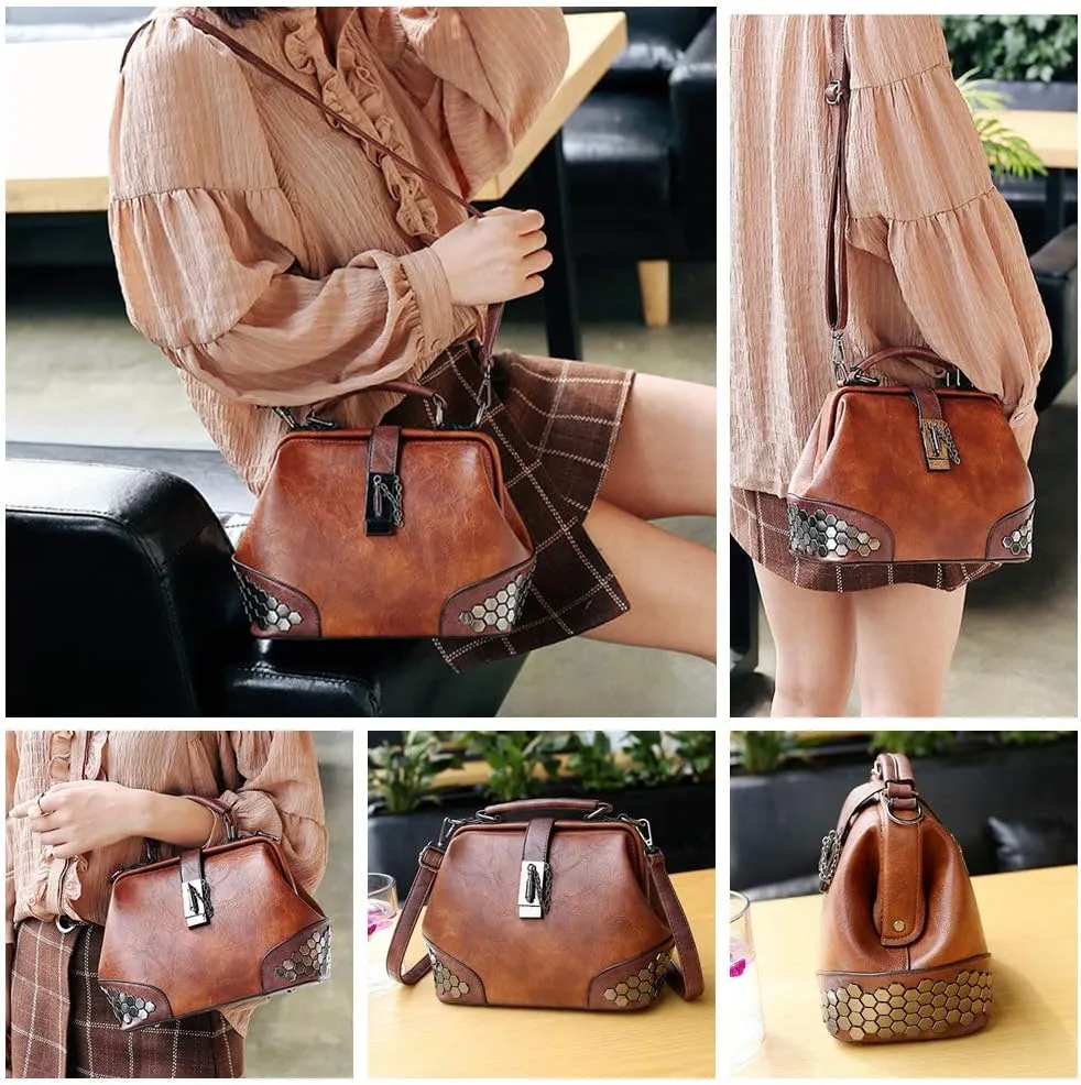 Mn&Sue Gothic Rivet Studded Vintage Doctor Style Cross Body Convertible Bucket Shoulder Handbag for Women