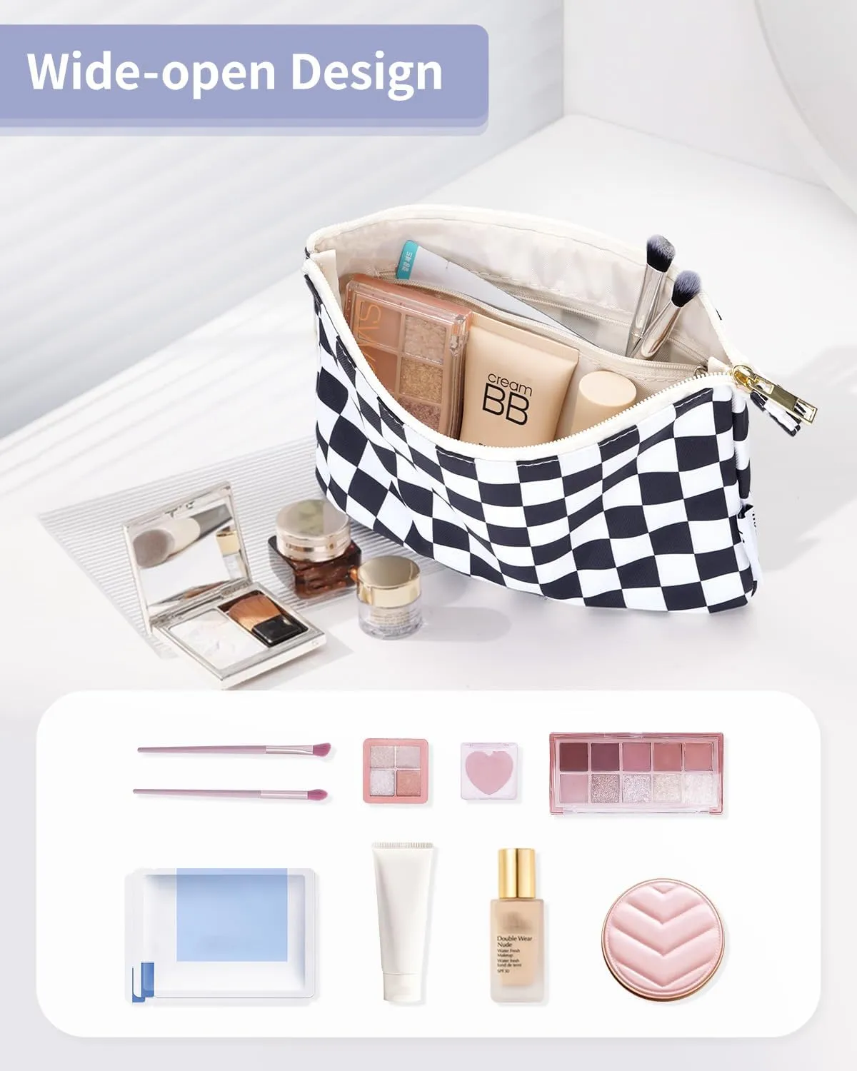 Narwey Small Checkered Makeup Bag for Purse Small Cosmetic Bag Women Travel Makeup Pouch Zipper Pouch (Black Checkerboard)