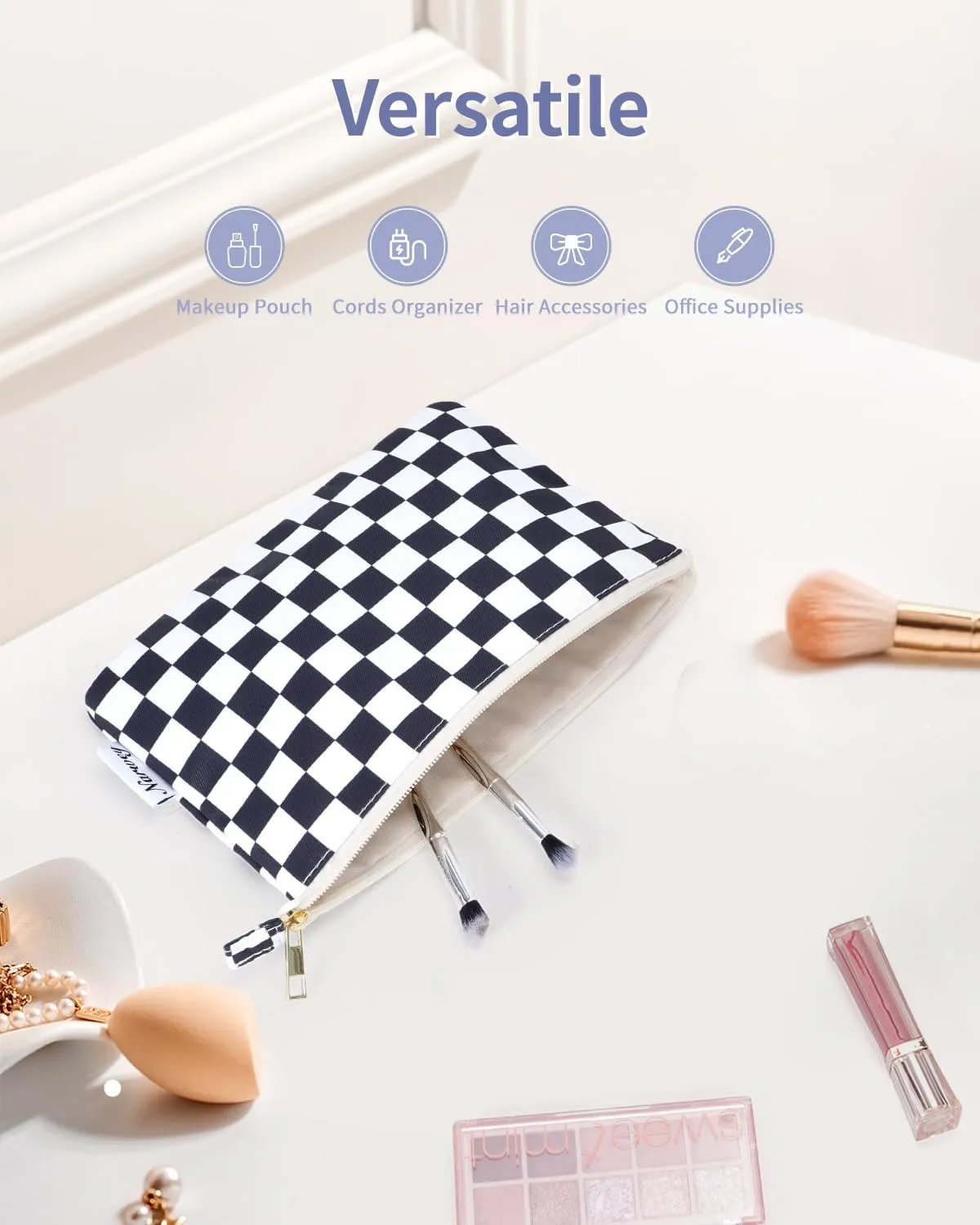 Narwey Small Checkered Makeup Bag for Purse Small Cosmetic Bag Women Travel Makeup Pouch Zipper Pouch (Black Checkerboard)