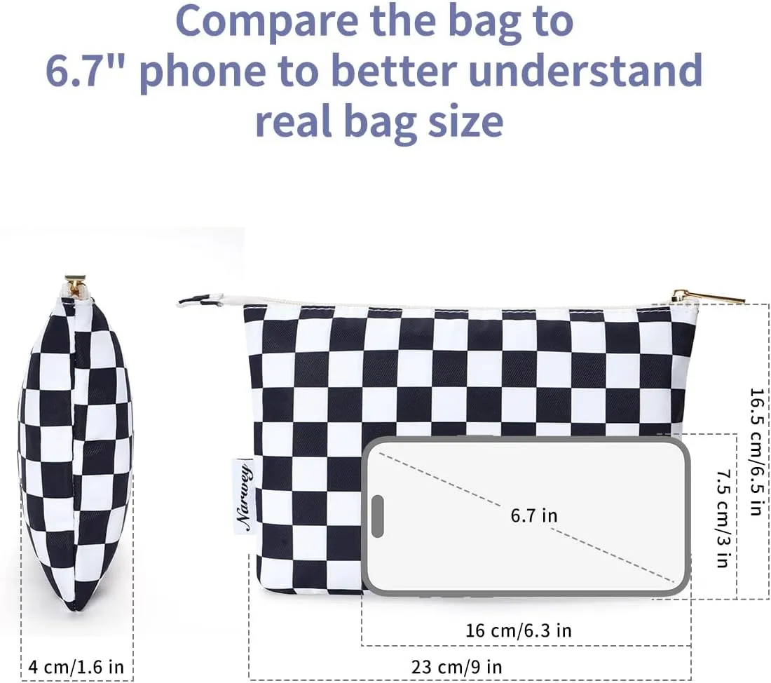 Narwey Small Checkered Makeup Bag for Purse Small Cosmetic Bag Women Travel Makeup Pouch Zipper Pouch (Black Checkerboard)