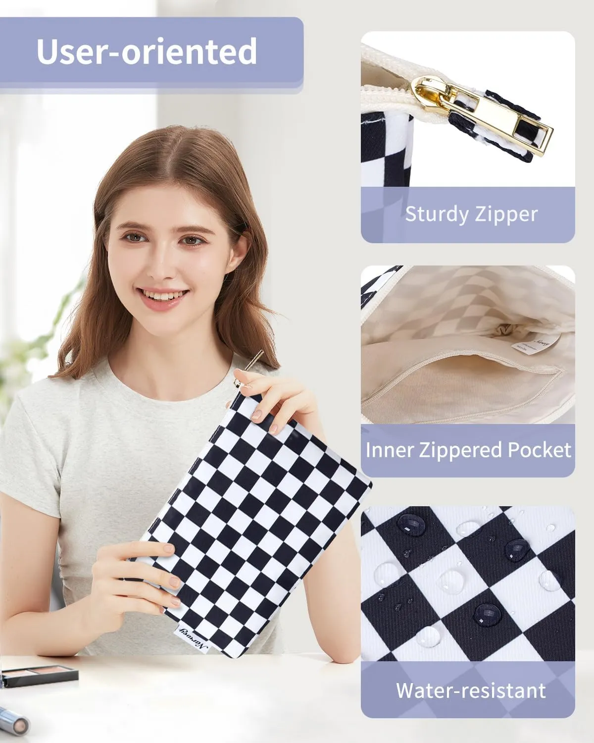 Narwey Small Checkered Makeup Bag for Purse Small Cosmetic Bag Women Travel Makeup Pouch Zipper Pouch (Black Checkerboard)