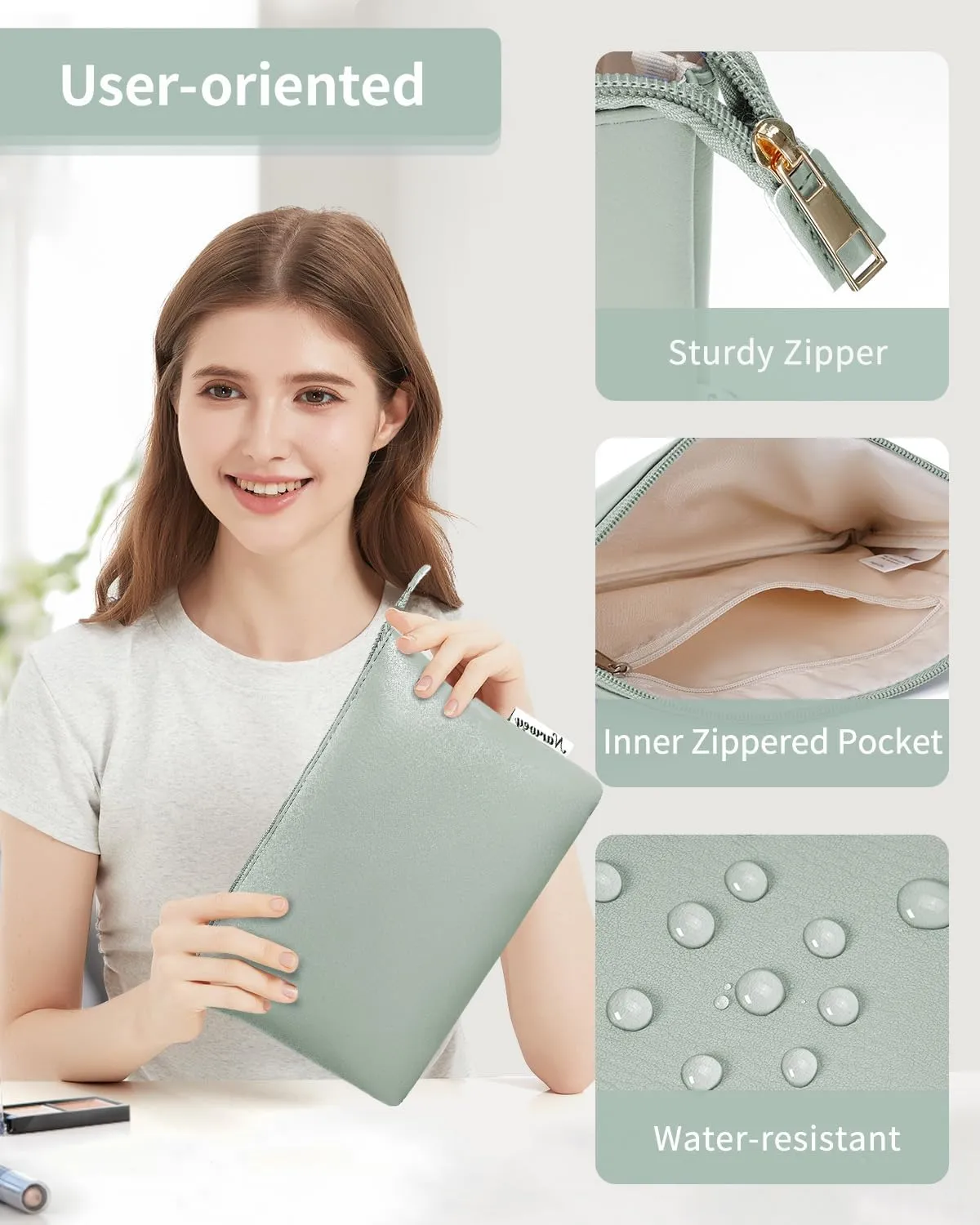 Narwey Small Makeup bag for Purse, Small Makeup Pouch for Purse Cosmetic Bag with Zipper, Cute PU Leather Make up Pouch for Women Girls (Mint Green)