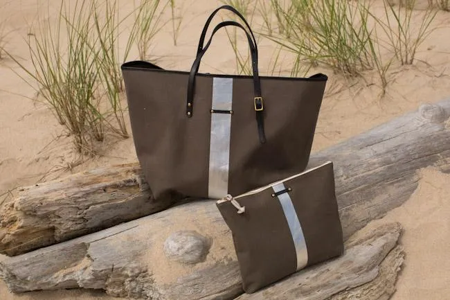 Olive/Silver Striped Canvas Urban Beach Tote