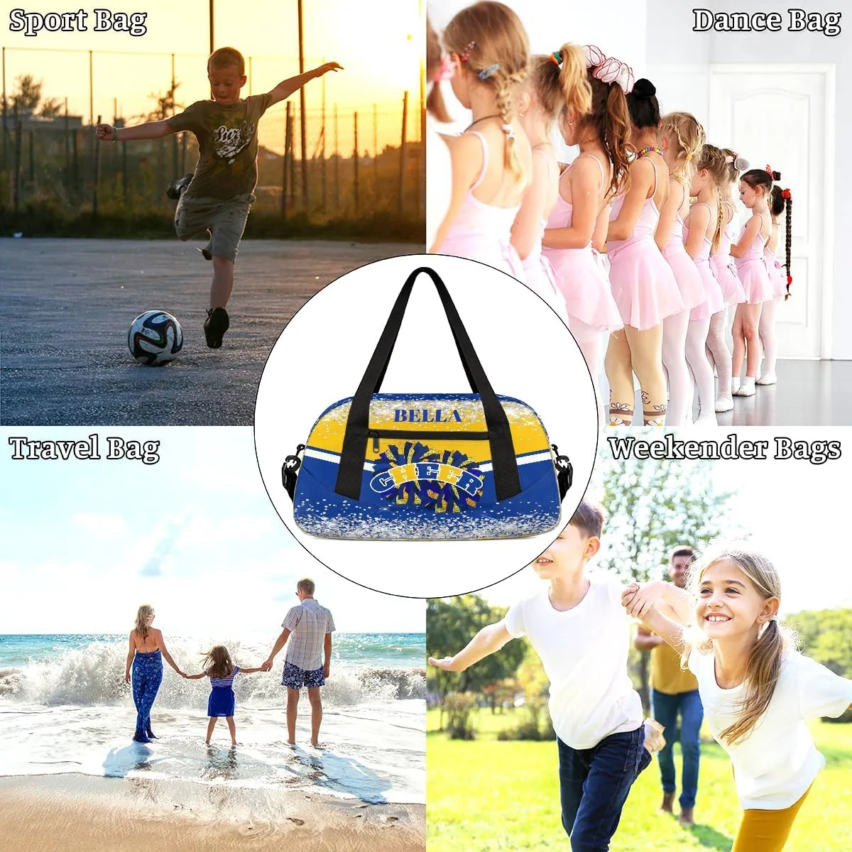 Personalized Cheer Bags for Cheerleaders Custom Cheer Bag for Girls Blue Gold Glitter Kids Travel Duffel Sport Gym Bag School Practice Dance Bag