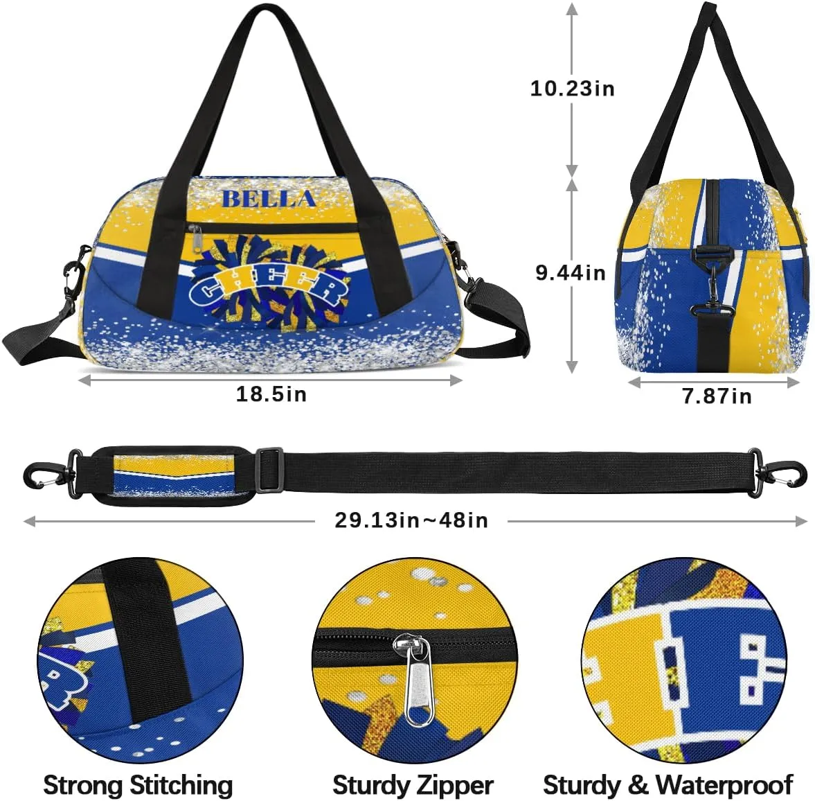 Personalized Cheer Bags for Cheerleaders Custom Cheer Bag for Girls Blue Gold Glitter Kids Travel Duffel Sport Gym Bag School Practice Dance Bag