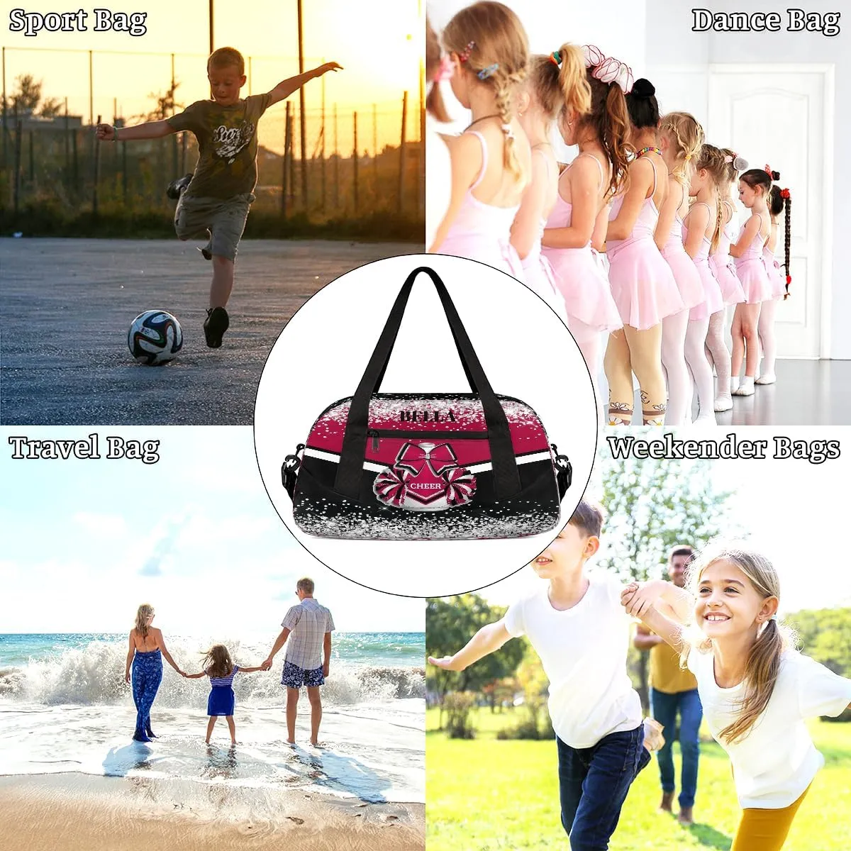 Personalized Cheer Bags for Cheerleaders Custom Cheer Bag for Girls Hot Red Black Glitter Kids Travel Duffel Sport Gym Bag School Practice Dance Bag