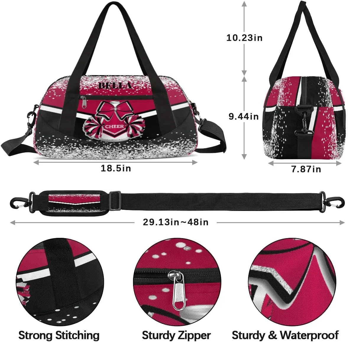 Personalized Cheer Bags for Cheerleaders Custom Cheer Bag for Girls Hot Red Black Glitter Kids Travel Duffel Sport Gym Bag School Practice Dance Bag