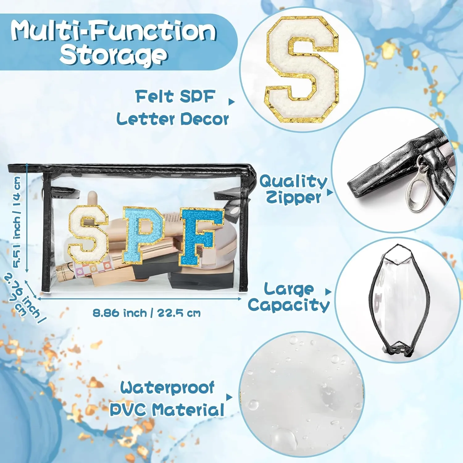 Preppy Patch Cosmetic Bag - Summer SPF Chenille Varsity Letter Clear Toiletry Bag Aesthetic Waterproof Portable Makeup Bag Transparent PVC Zipper Clutch Purse Travel Beach Bag for Women Girls