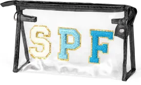 Preppy Patch Cosmetic Bag - Summer SPF Chenille Varsity Letter Clear Toiletry Bag Aesthetic Waterproof Portable Makeup Bag Transparent PVC Zipper Clutch Purse Travel Beach Bag for Women Girls