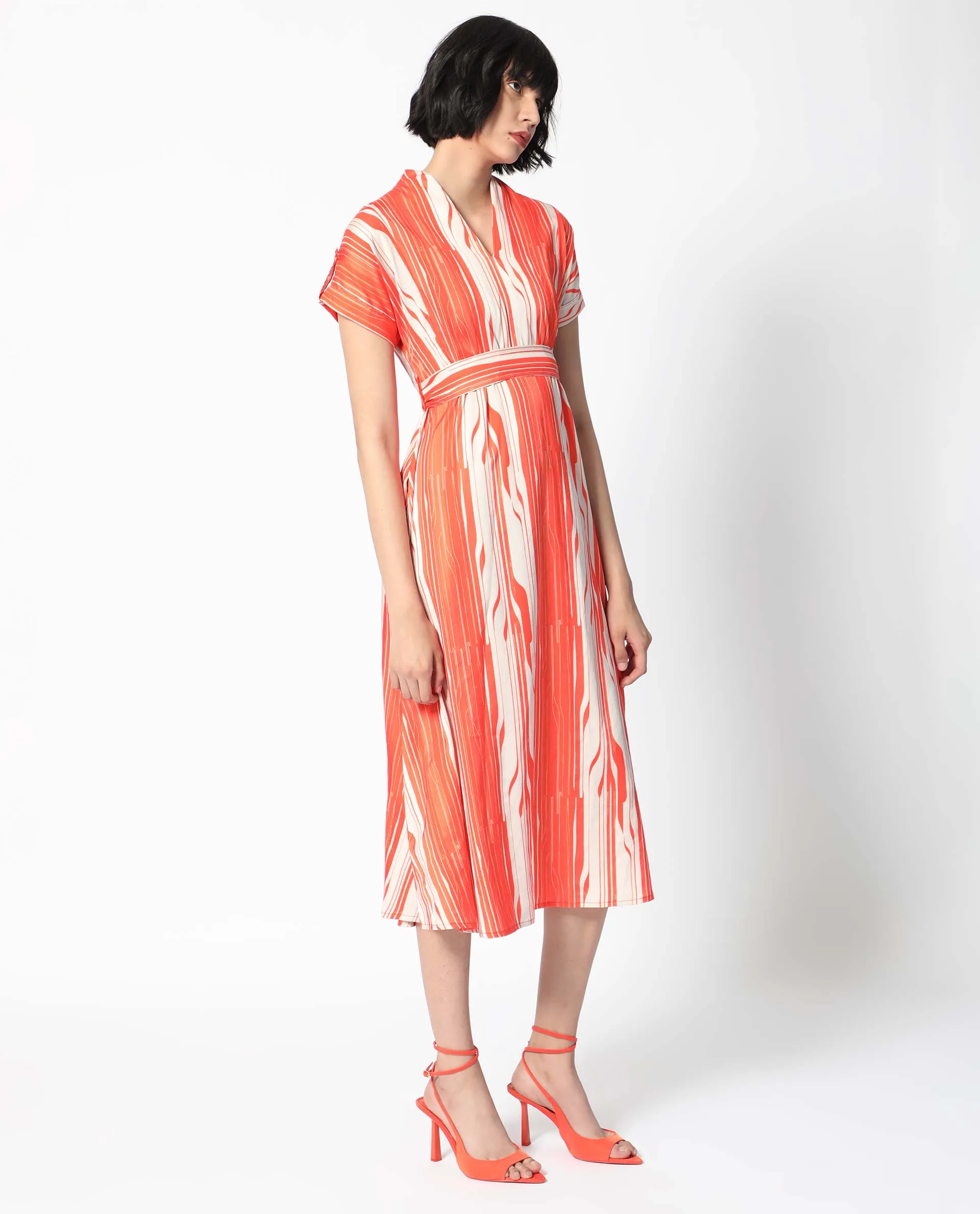 Rareism Women Palbe Orange Polyester Fabric Short Sleeves V-Neck Extended Sleeve Regular Fit Abstract Print Knee Length A-Line Dress