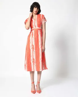 Rareism Women Palbe Orange Polyester Fabric Short Sleeves V-Neck Extended Sleeve Regular Fit Abstract Print Knee Length A-Line Dress