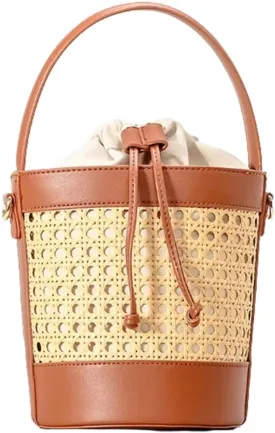 Rattan Bucket Bag for Women Straw Beach Bag Drawstring Crossbody Purse PU Leather Summer Shoulder Tote Bag Cute Hobo Bags