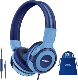 SIMOLIO Kids Headphones for School Age, Wired Headsets with Microphone Volume Limiter Sharing Jack, Adjustable & Sturdy, Tangle-Free Foldable Stereo Headphone for Boys Tablet Travel (Blue)