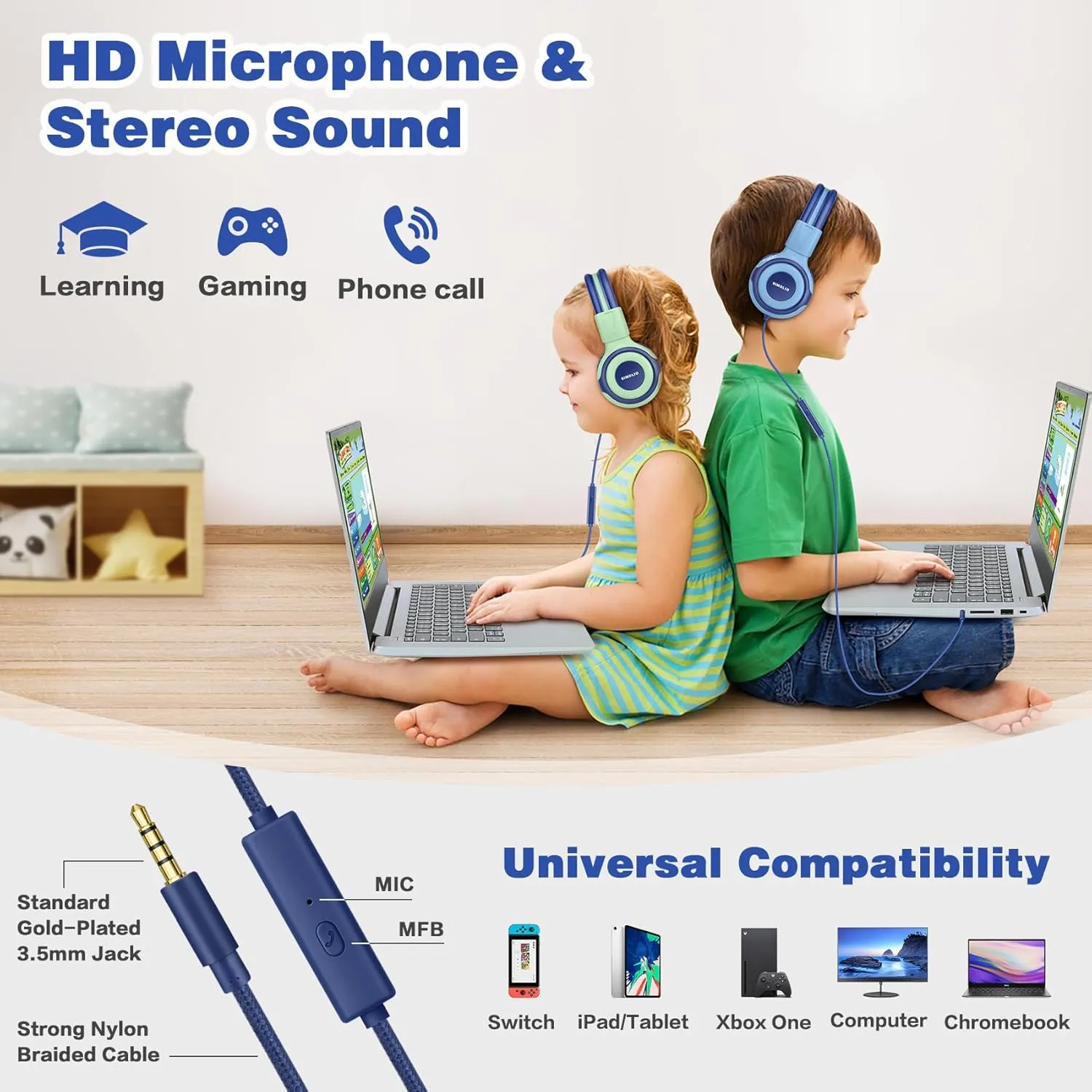 SIMOLIO Kids Headphones for School Age, Wired Headsets with Microphone Volume Limiter Sharing Jack, Adjustable & Sturdy, Tangle-Free Foldable Stereo Headphone for Boys Tablet Travel (Blue)