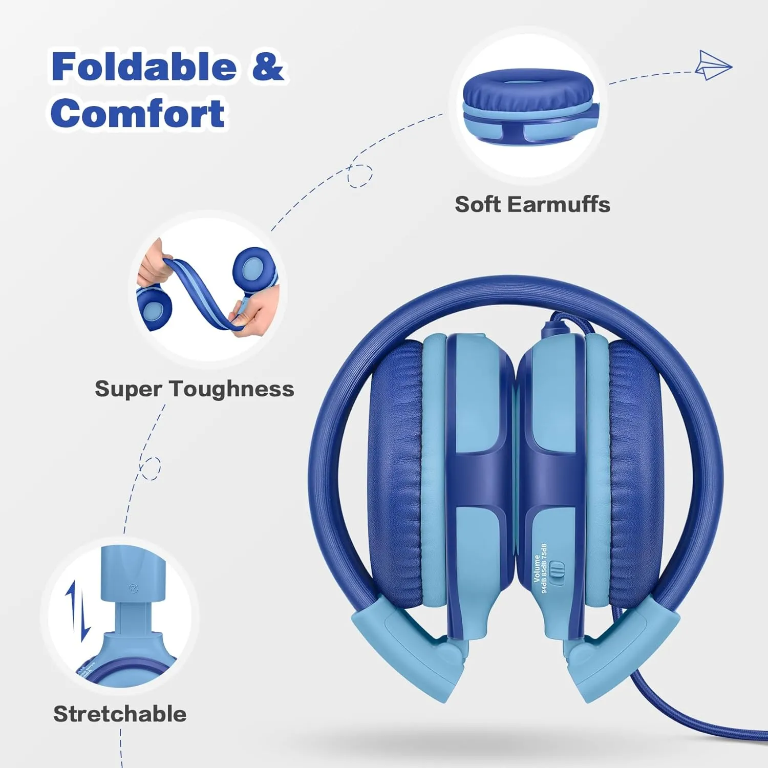 SIMOLIO Kids Headphones for School Age, Wired Headsets with Microphone Volume Limiter Sharing Jack, Adjustable & Sturdy, Tangle-Free Foldable Stereo Headphone for Boys Tablet Travel (Blue)