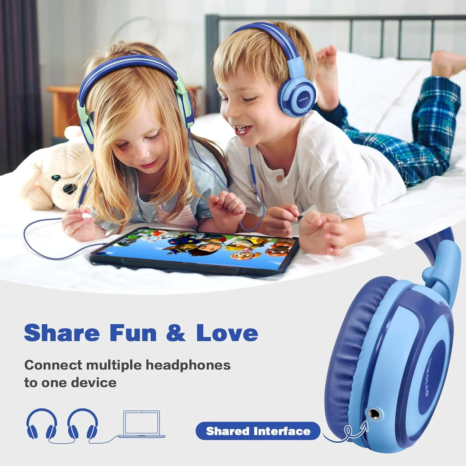 SIMOLIO Kids Headphones for School Age, Wired Headsets with Microphone Volume Limiter Sharing Jack, Adjustable & Sturdy, Tangle-Free Foldable Stereo Headphone for Boys Tablet Travel (Blue)