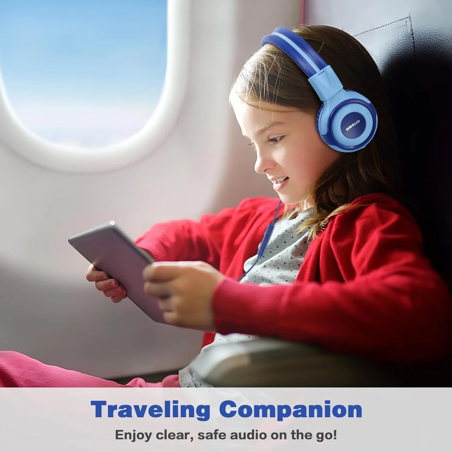 SIMOLIO Kids Headphones for School Age, Wired Headsets with Microphone Volume Limiter Sharing Jack, Adjustable & Sturdy, Tangle-Free Foldable Stereo Headphone for Boys Tablet Travel (Blue)
