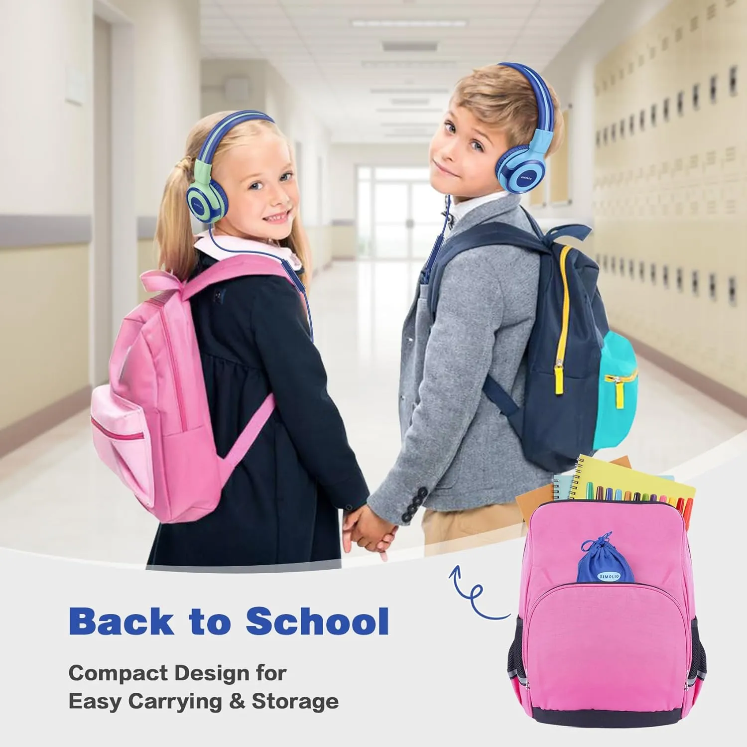SIMOLIO Kids Headphones for School Age, Wired Headsets with Microphone Volume Limiter Sharing Jack, Adjustable & Sturdy, Tangle-Free Foldable Stereo Headphone for Boys Tablet Travel (Blue)