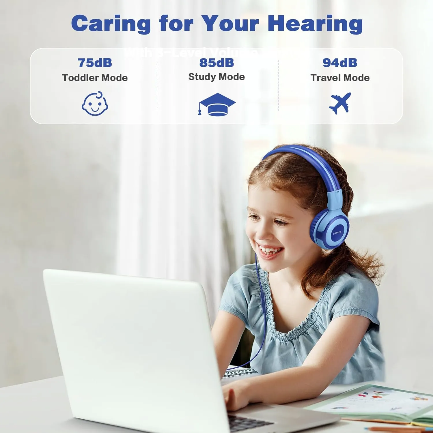 SIMOLIO Kids Headphones for School Age, Wired Headsets with Microphone Volume Limiter Sharing Jack, Adjustable & Sturdy, Tangle-Free Foldable Stereo Headphone for Boys Tablet Travel (Blue)