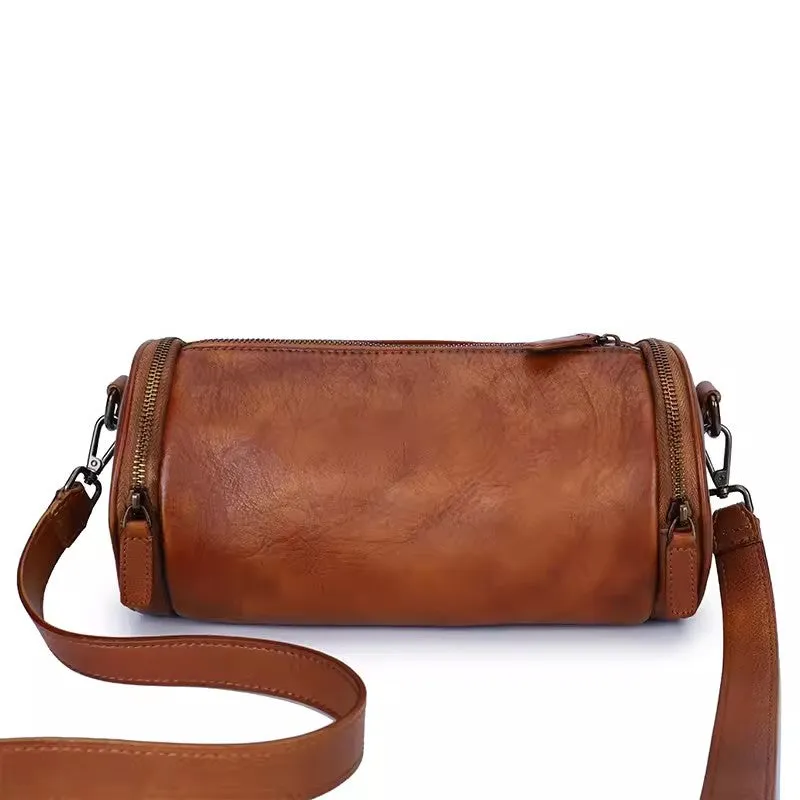 Small Womens Leather Barrel Handbag Shoulder Bag Black Crossbody Bags For Women