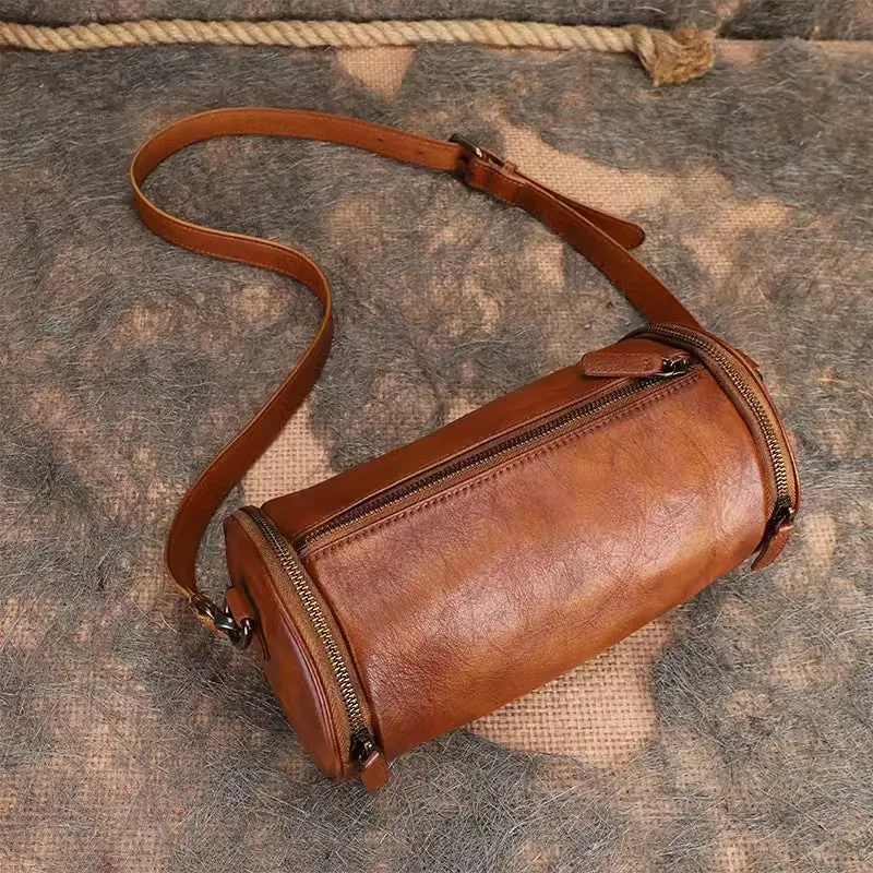 Small Womens Leather Barrel Handbag Shoulder Bag Black Crossbody Bags For Women