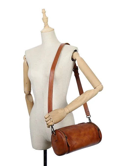 Small Womens Leather Barrel Handbag Shoulder Bag Black Crossbody Bags For Women