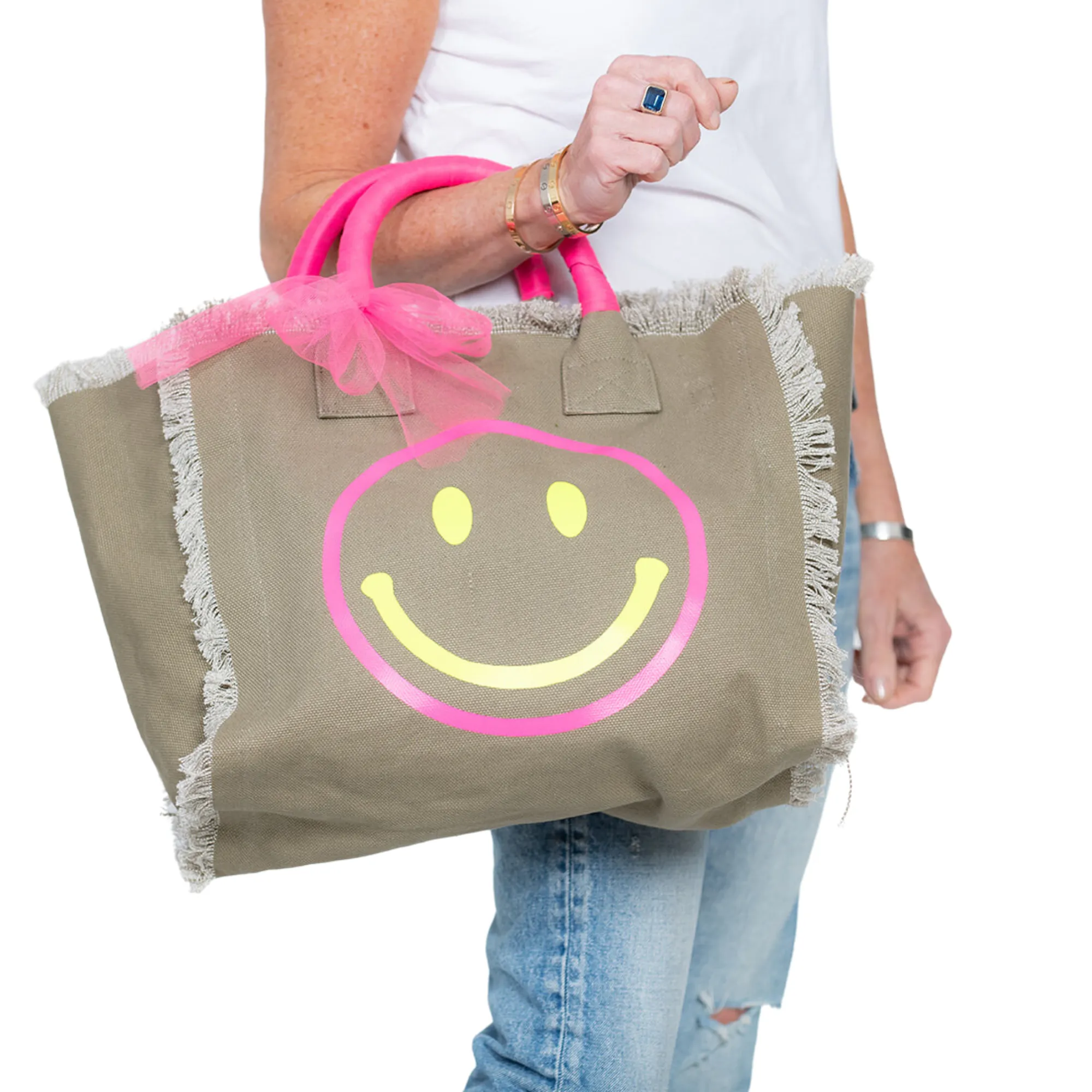 Smile Pink Yellow OG Fringe Canvas Bag