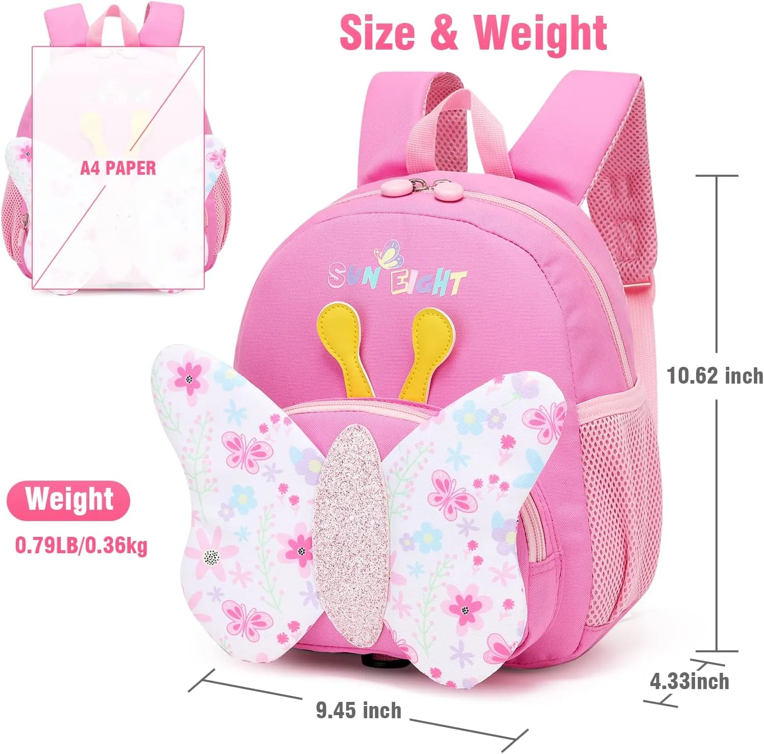 SUN EIGHT Preschool Backpack with Anti-Lost Harness Toddler Backpack School Bag 3D Cartoon Lunch Backpack for Toddler Girls 1-4 Years(Butterfly)