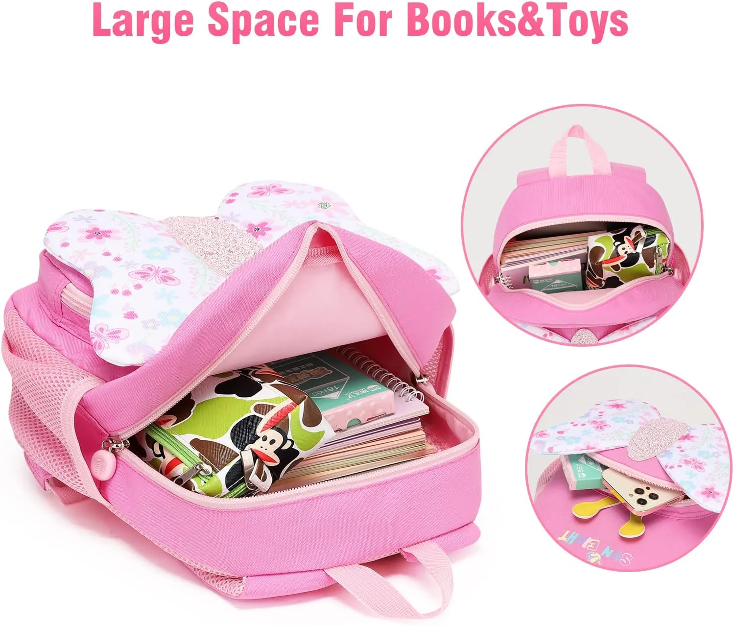 SUN EIGHT Preschool Backpack with Anti-Lost Harness Toddler Backpack School Bag 3D Cartoon Lunch Backpack for Toddler Girls 1-4 Years(Butterfly)