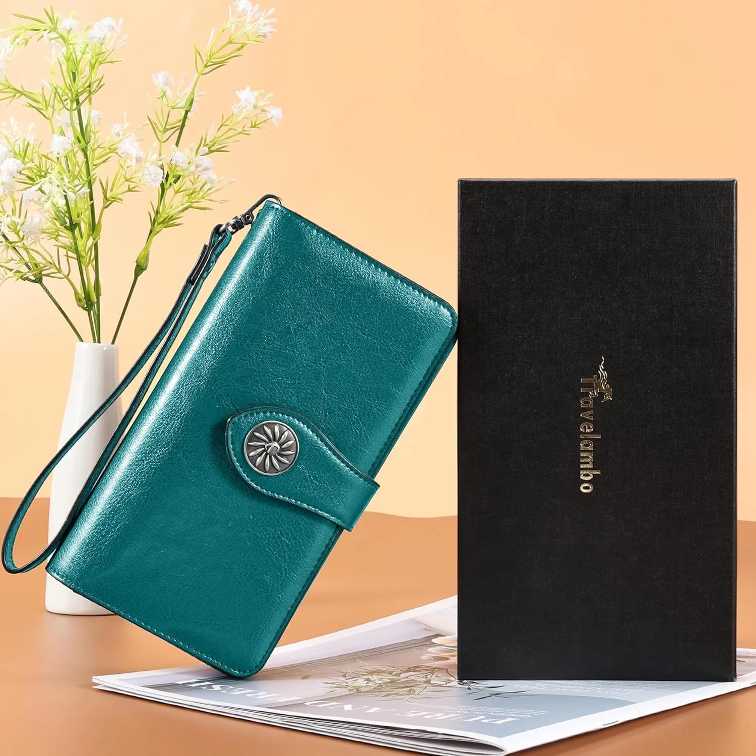 Travelambo Women's Wallet RFID Blocking Credit Card Holder Large Capacity Wristlet Leather Wallets Purse