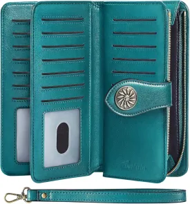 Travelambo Women's Wallet RFID Blocking Credit Card Holder Large Capacity Wristlet Leather Wallets Purse