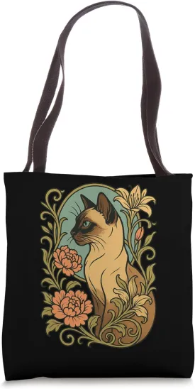 Vintage Siamese Cat Surrounded by Elegant Garden Florals Tote Bag