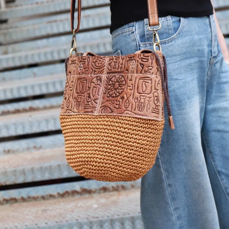 Vintage Woven Linen And Leather Over The Shoulder Bag Crossbody Small Bags For Women