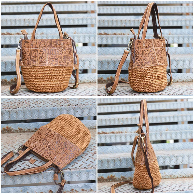 Vintage Woven Linen And Leather Over The Shoulder Bag Crossbody Small Bags For Women