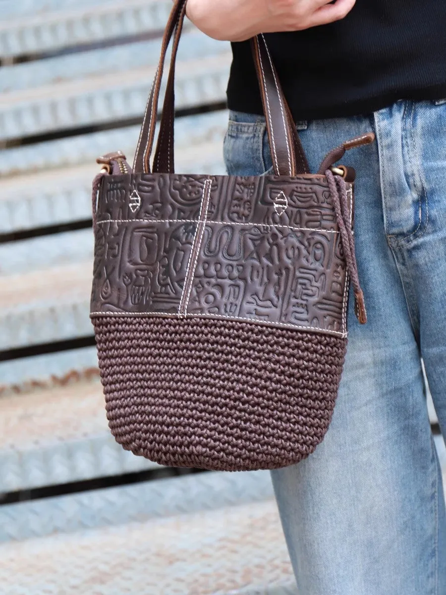 Vintage Woven Linen And Leather Over The Shoulder Bag Crossbody Small Bags For Women
