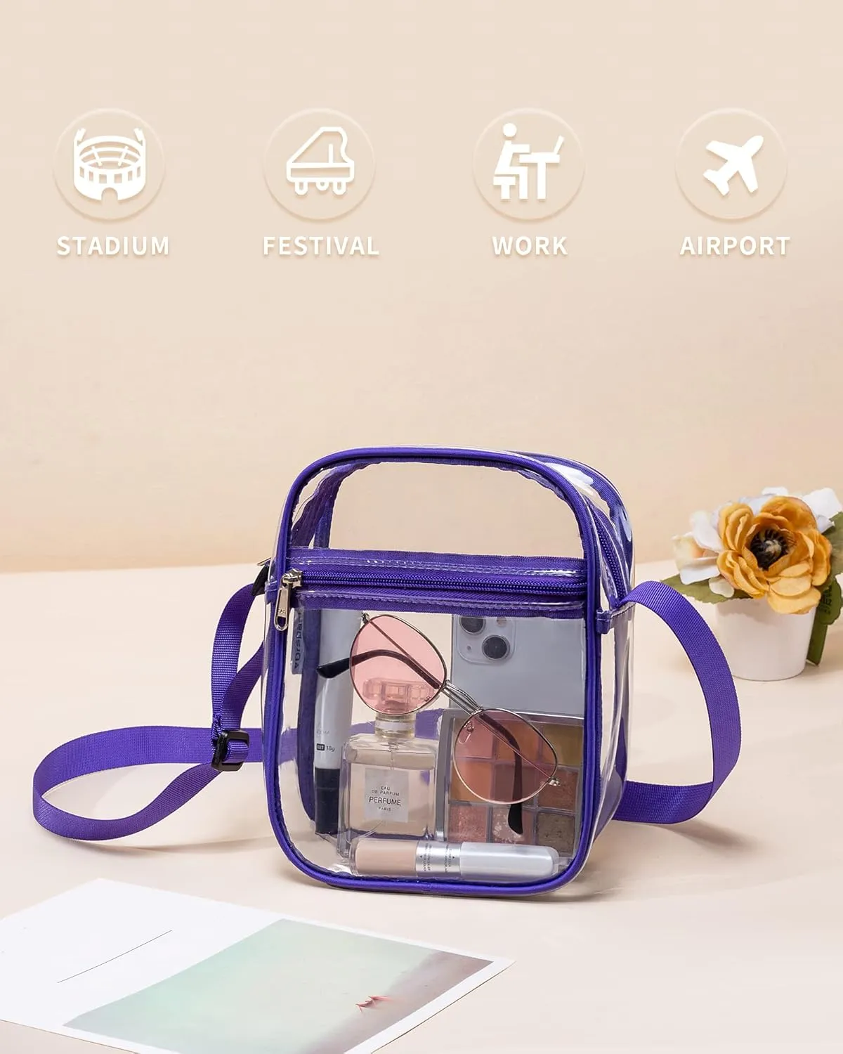 Vorspack Stadium Approved PVC Purse - Clear Crossbody Bag with Front Pocket for Concerts, Sports, Festivals