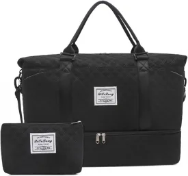 Weekender Bags for Women, Travel Duffel Bag with Shoe Compartment & Wet Pocket, Large Gym Sports Tote Bag, Maternity Hospital Overnight Bag with Toiletry Bag for Fitness, Work, Trips Black