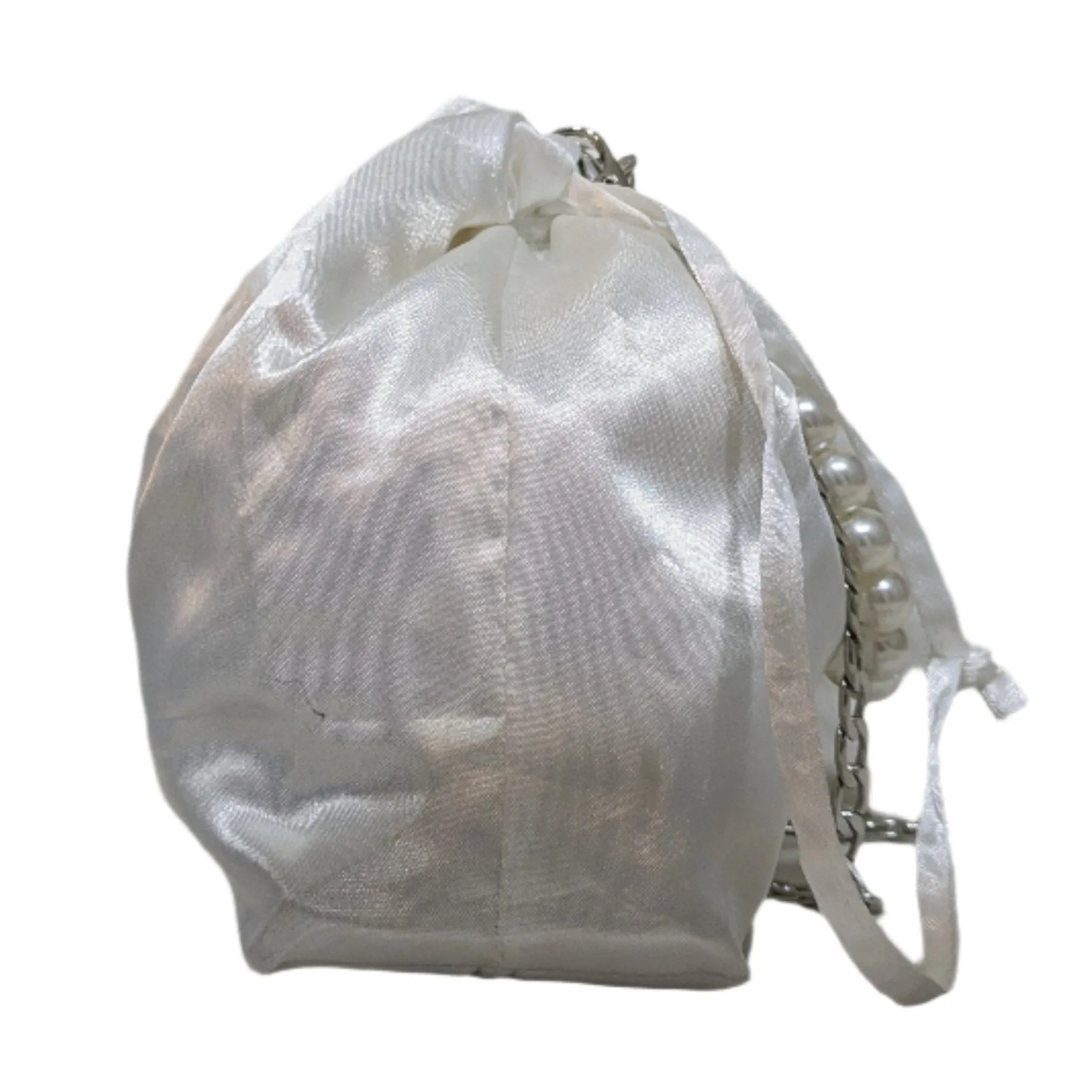 White Satin Drawstring Bag with Pearl Handle