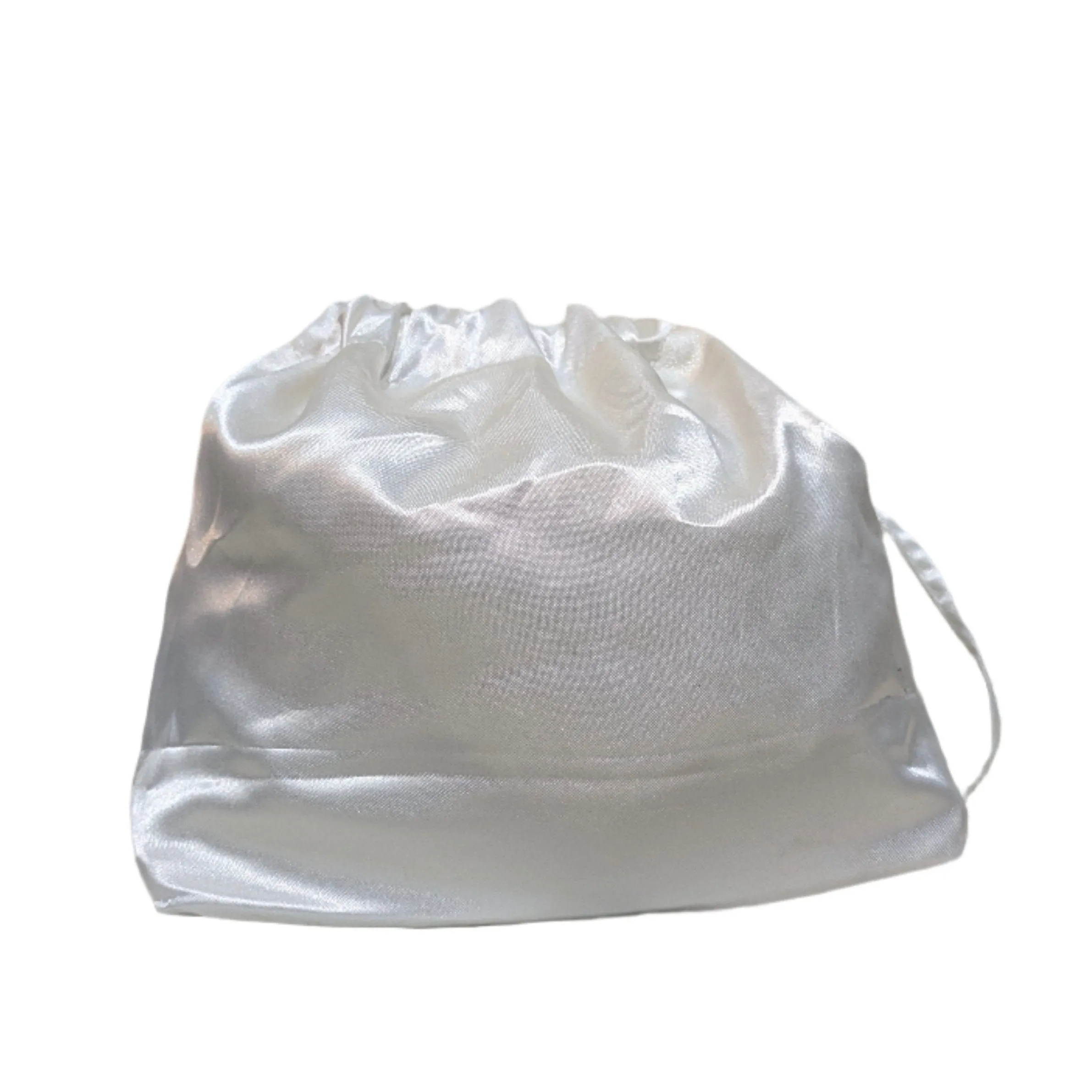 White Satin Drawstring Bag with Pearl Handle