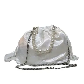 White Satin Drawstring Bag with Pearl Handle