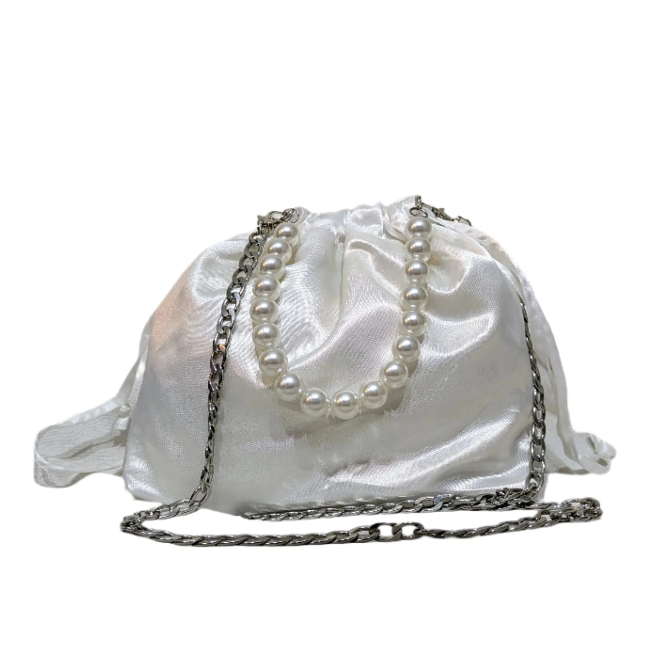 White Satin Drawstring Bag with Pearl Handle
