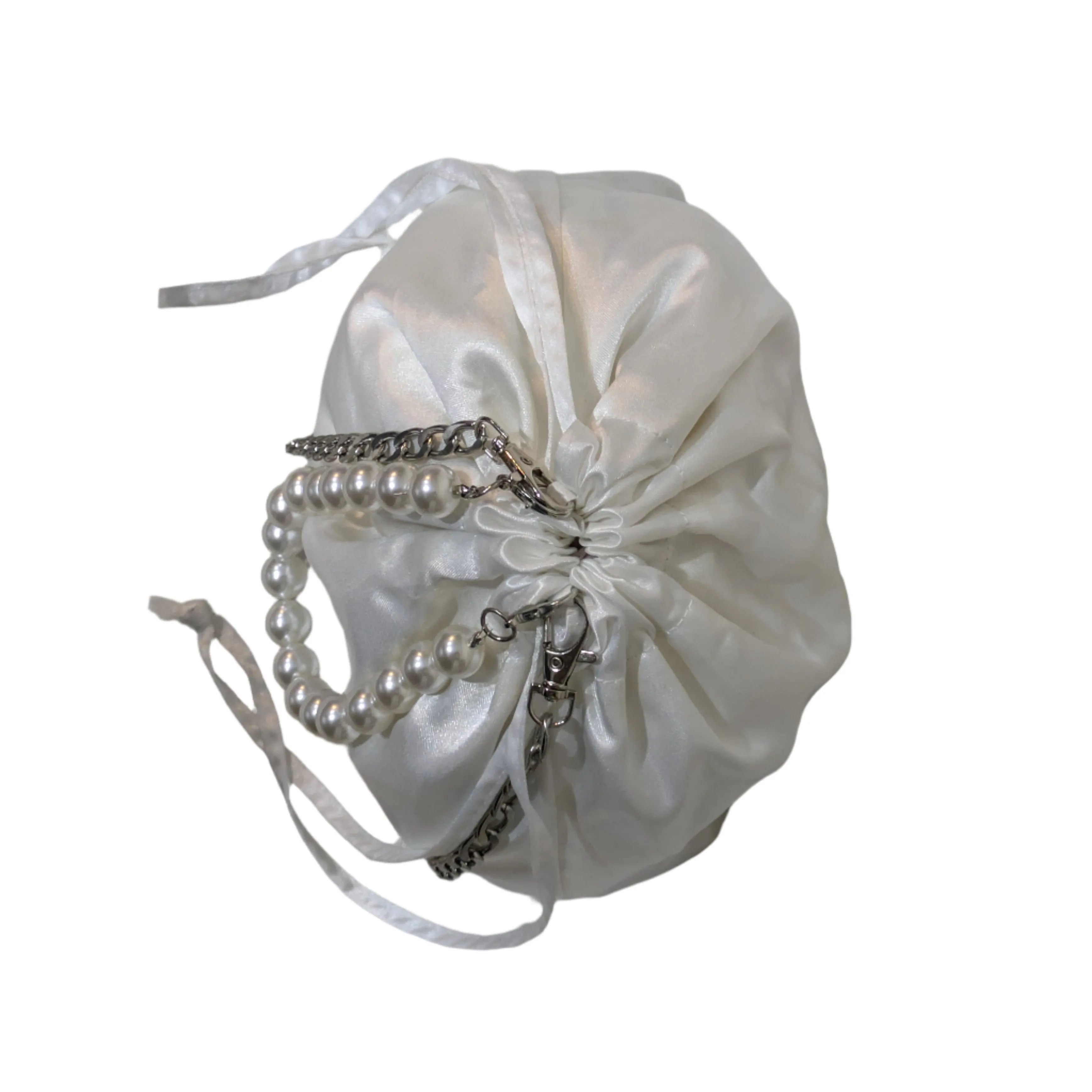White Satin Drawstring Bag with Pearl Handle