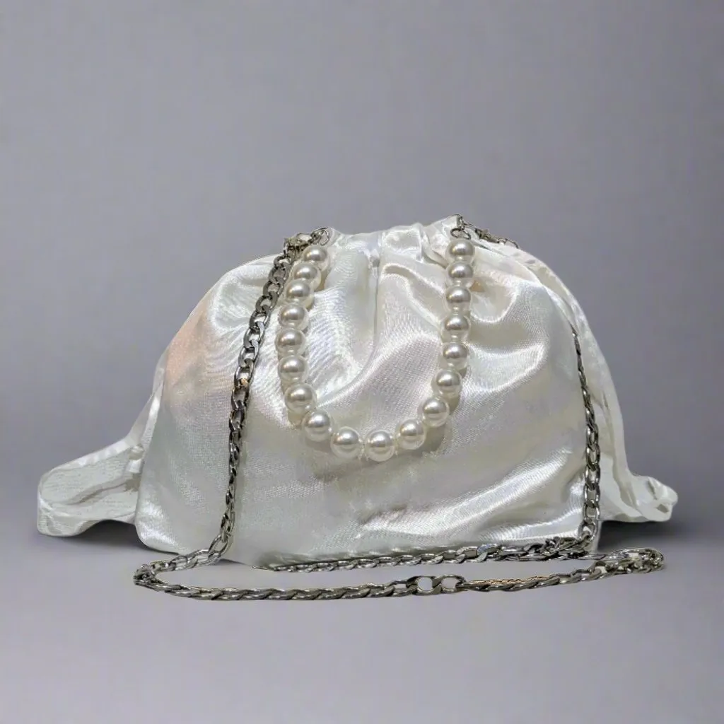 White Satin Drawstring Bag with Pearl Handle