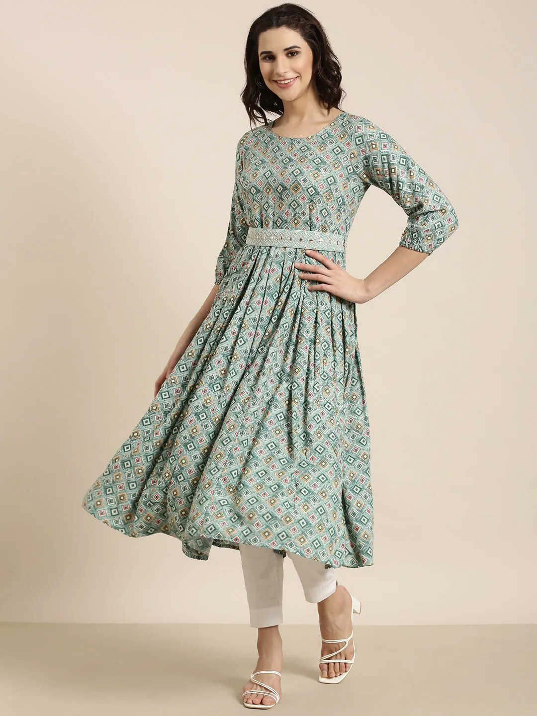 Women Anarkali Sea Green Geometric Kurta Comes With Belt